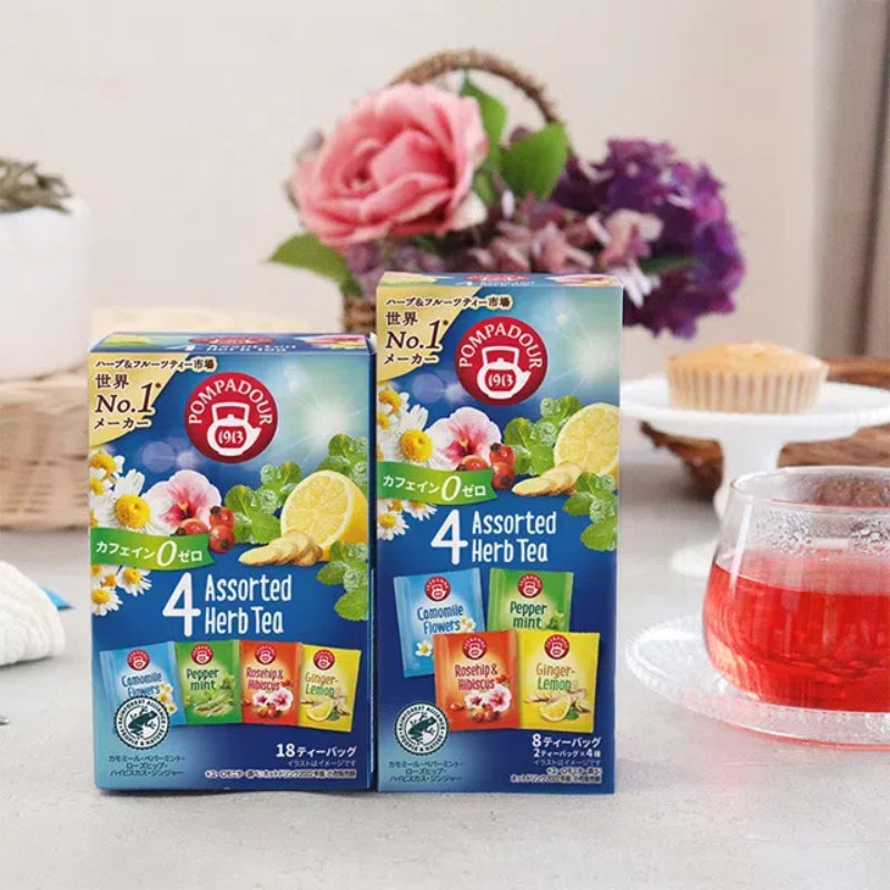 POMPADOUR 4 Assorted Herbal Teas – 8 Tea Bags (4 Types × 2 Each, Caffeine-Free)