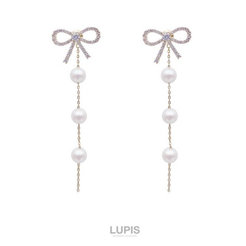 Lupis Ribbon x Pearl Chain Back-Catch Earrings