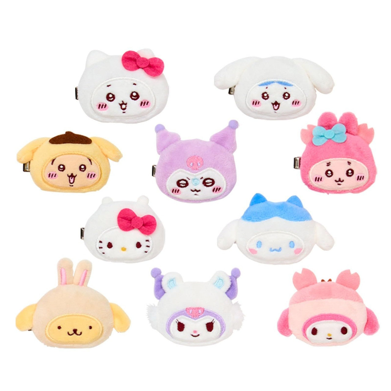 Complete Set of 10 – Chiikawa × Sanrio Characters Secret Hair Clip Collection