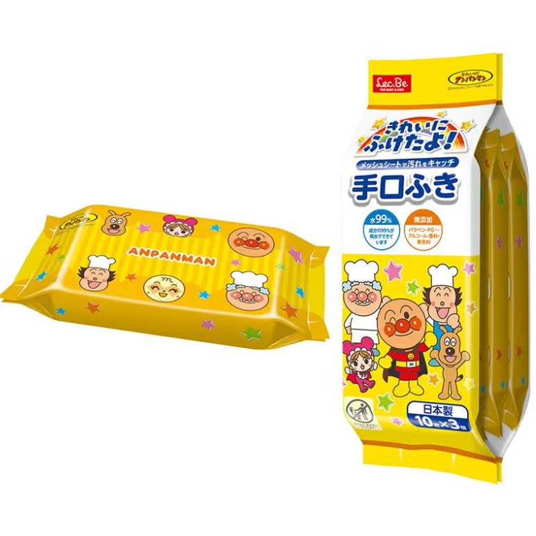 Anpanman On-the-Go Hand & Mouth Wipes – 10 Sheets × 3 Packs