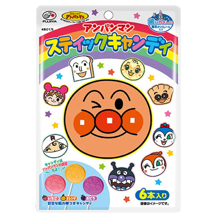 Fujiya Anpanman Stick Candy – Strawberry / Orange / Grape, 6 Pieces