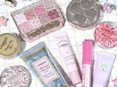 Various Canmake products on a checkered background