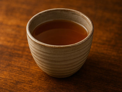 A brown ceramic cup holding hojicha tea