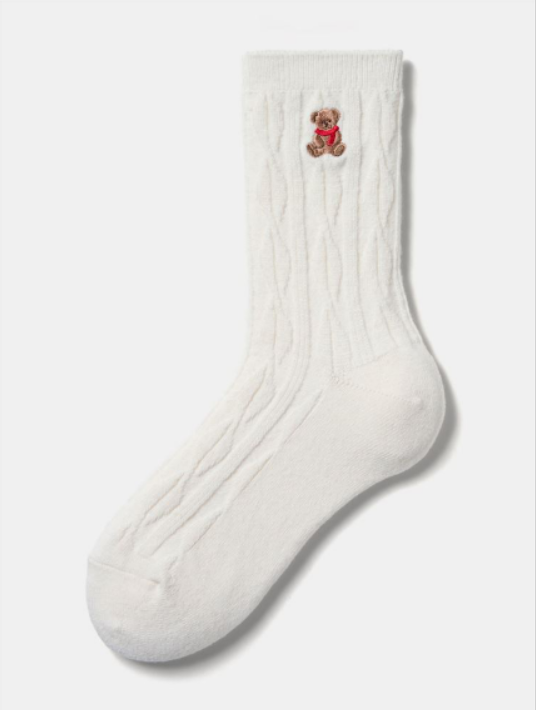tutuanna Cashmere Blend Bear Embroidered Cable Pattern Socks (18 cm)