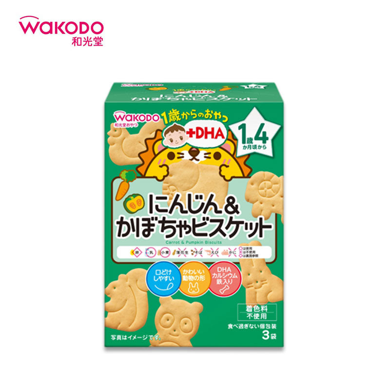 WAKODO 1岁及以上儿童零食 + DHA 胡萝卜南瓜饼干（16个月及以上）34.5克