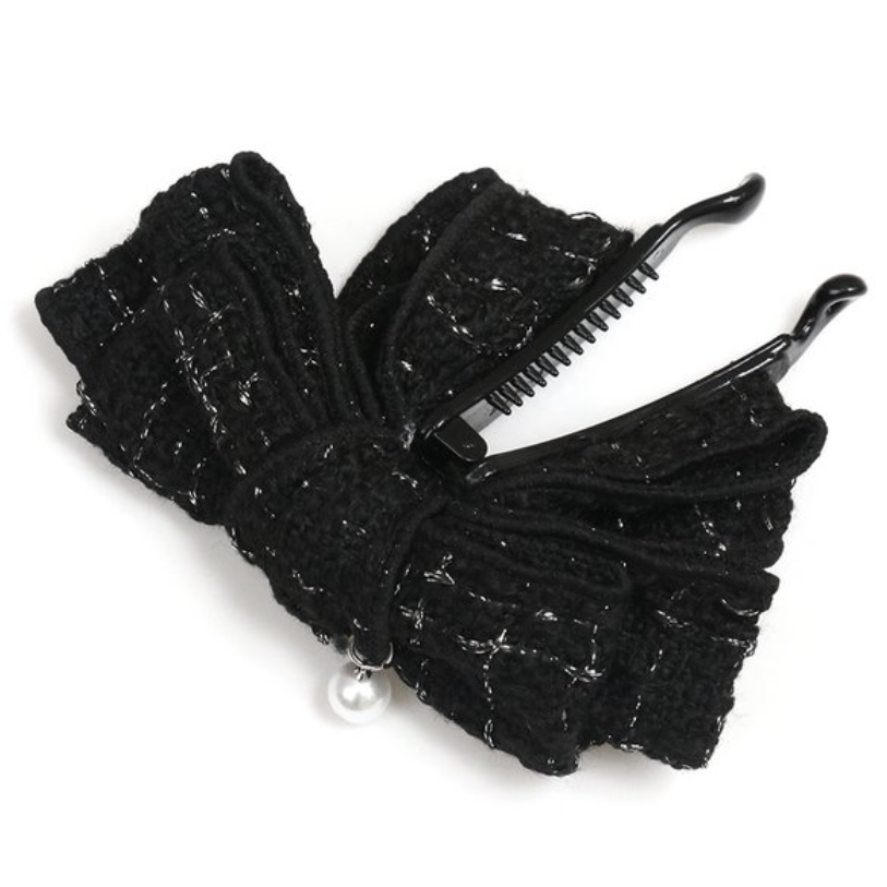 Tweed Ribbon Banana Clip Black