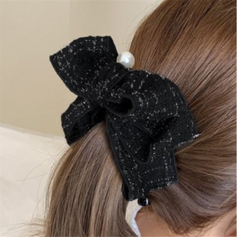 Tweed Ribbon Banana Clip Black