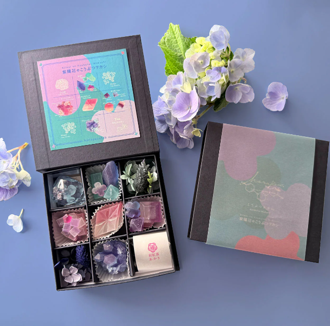 PREORDER Harapecolab Hydrangea Gemstone Wagashi Candy, Tea, and Candle Set